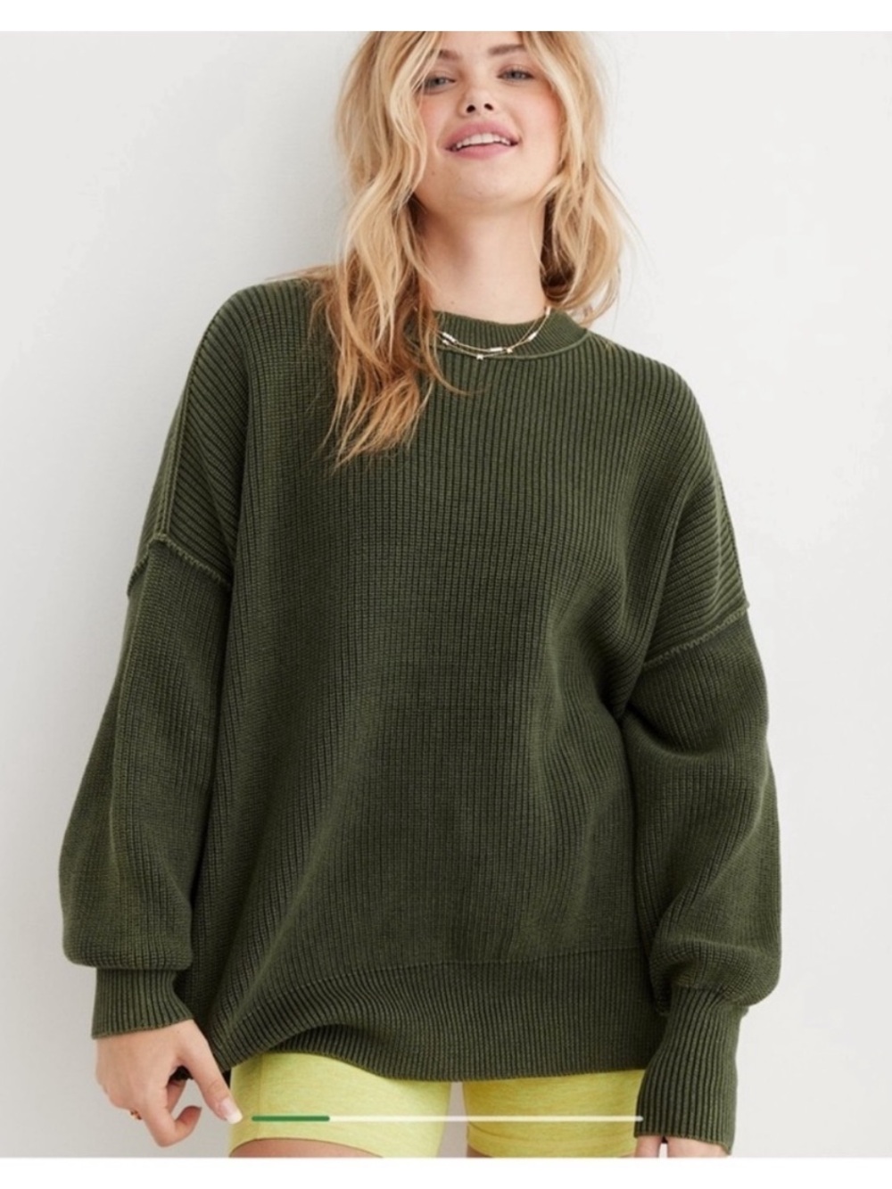Aerie Beyond Chenille Oversized Sweater in Nomad Olive Green Size L Ribbed Knit